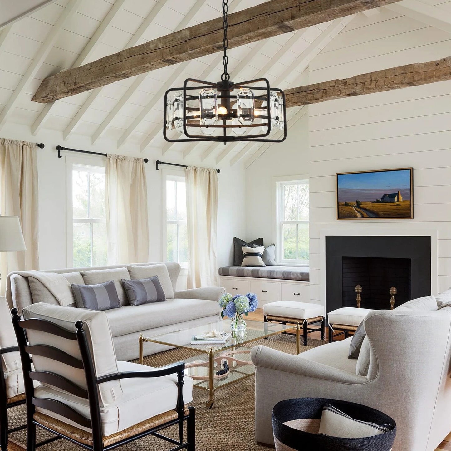 4-Light Black Modern Crystal Pendant Light