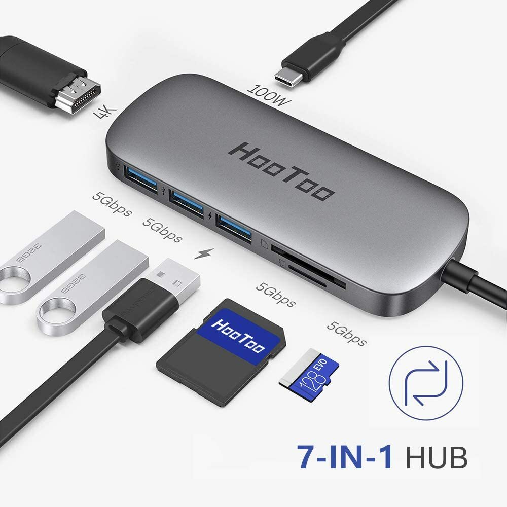 HooToo USB C Hub 7 in 1 USB C to 4K HDMI Adapter 100W PD Charging 3 USB 3.0