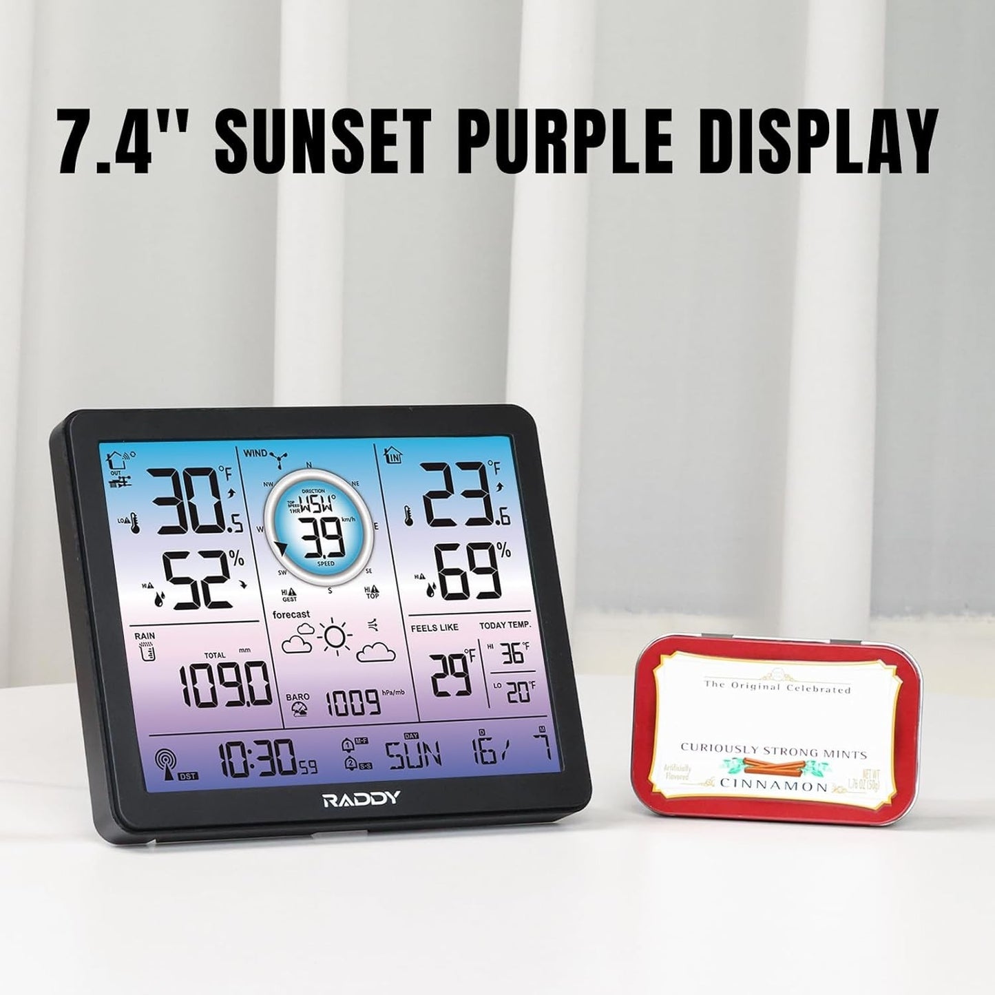 Raddy VP7 5-in-1 Weather Station Wireless for Indoor Outdoor 7.4" Large Digital