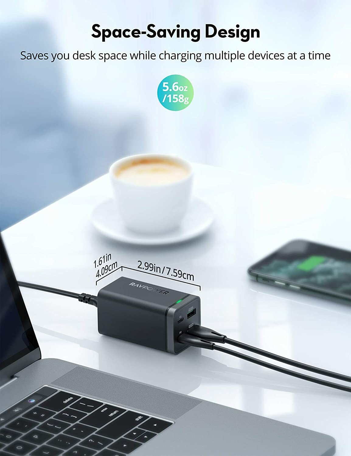 RAVPower USB C Charger 65W 4-Port Desktop USB Charging Station PC136