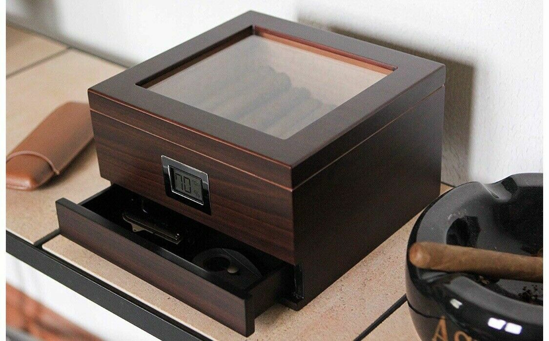 Glass Top Handcrafted Cedar Humidor w/ Storage Drawer
