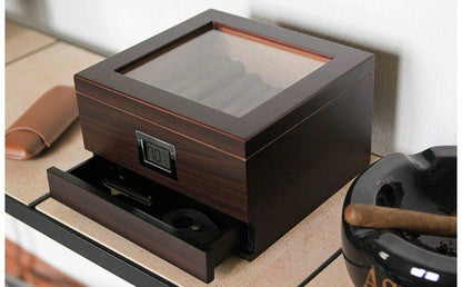 Glass Top Handcrafted Cedar Humidor w/ Storage Drawer