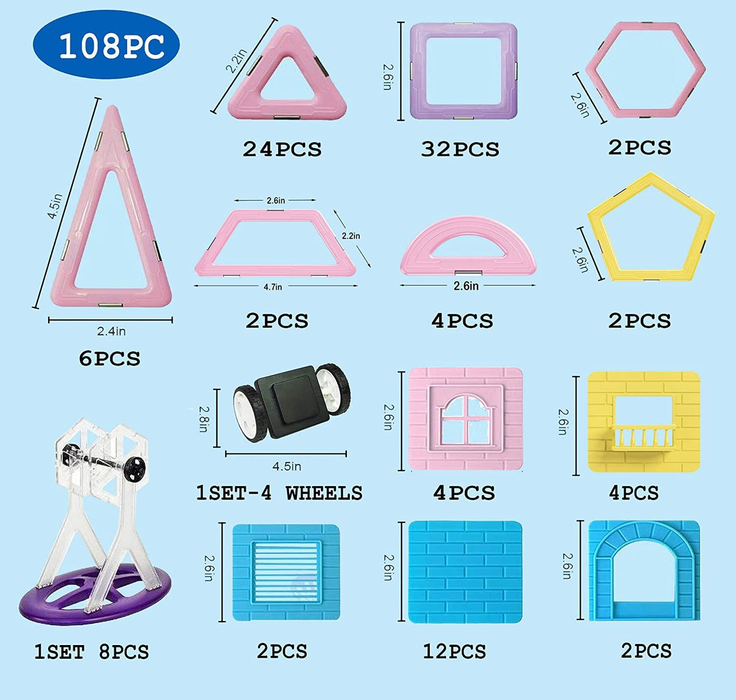 108 Piece Magnetic Tiles Magnet Building Blocks Birthday Gift dreambuilder