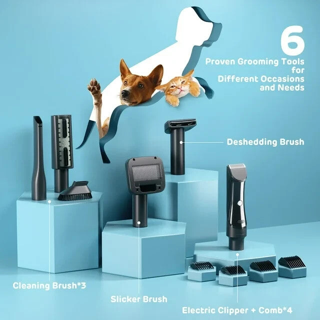 6-in-1 Pet Grooming & Shedding Dog Vacuum Kit Rechargeable Hair Clipper Slicke