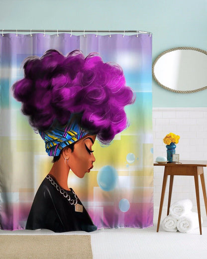 Christmans African Women Black Shower Curtain Girl w/ Purple Hair Afro Hairstyle