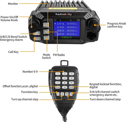 Radioddity DB25 Pro Car Mobile Radio Dual Band V/UHF 25Watt, Quad Band Antenna