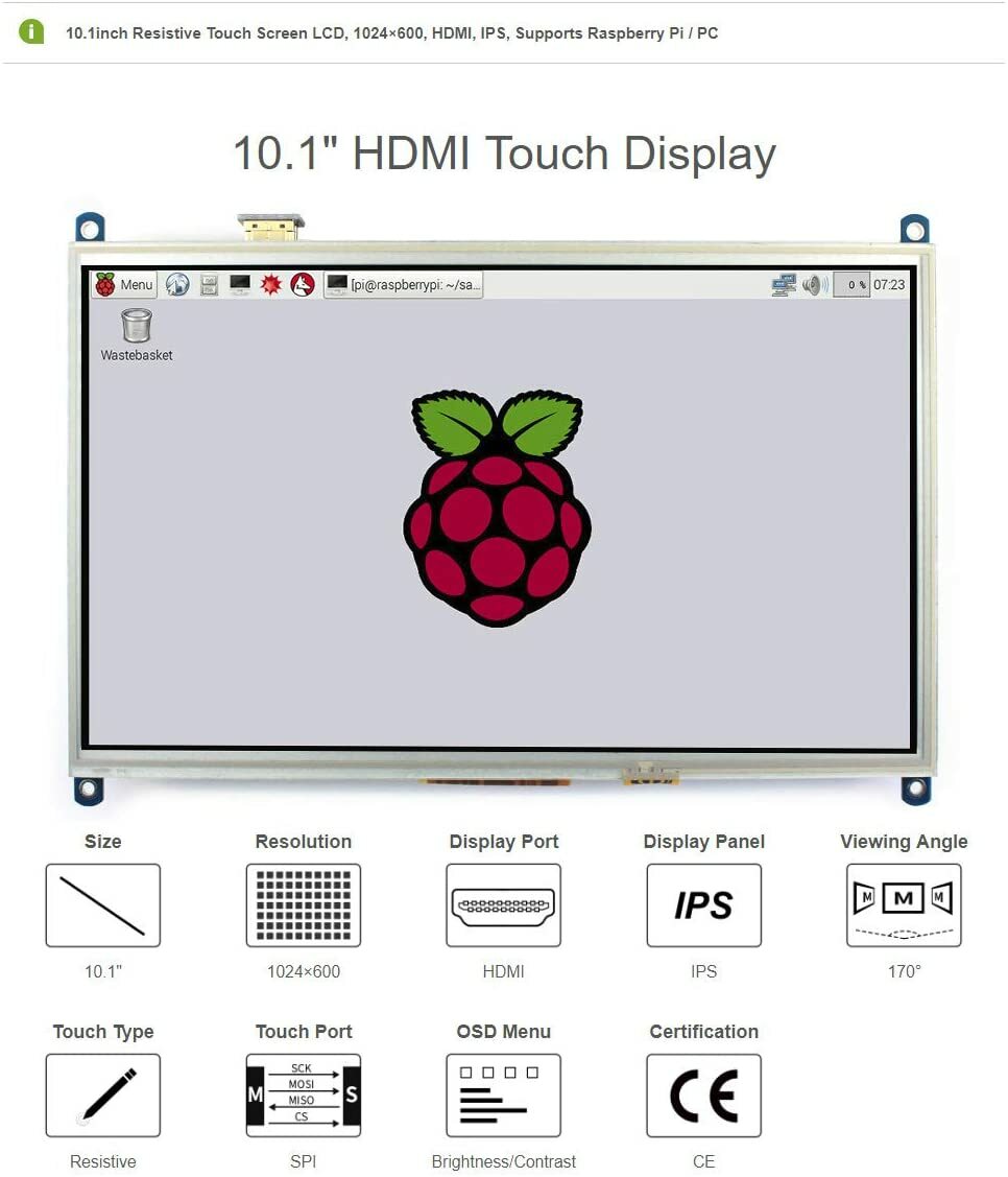 Waveshare 10.1 inch HDMI LCD Resistive Touch Screen Display