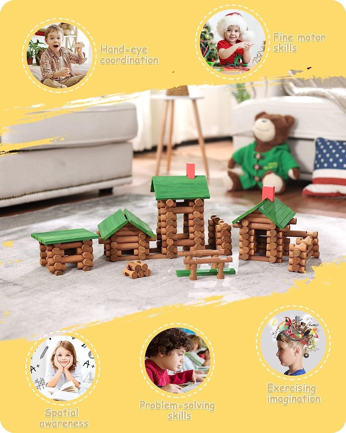 SainSmart Jr. 450 PCS Wooden Log Cabin Set Building House Toy for Toddlers, C...