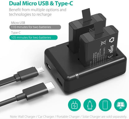 RAVPower 2 Pack Camera Batteries Charger Set For Gopro Hero 5 6 7 8