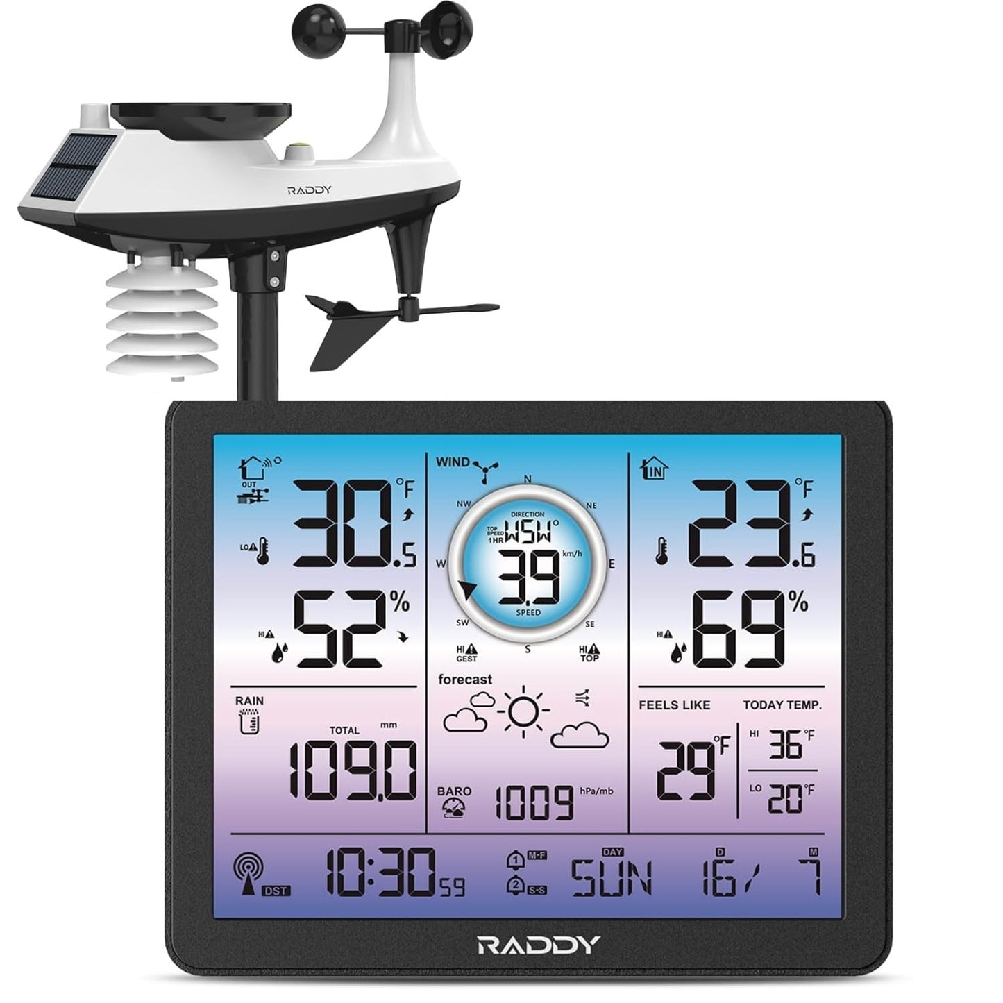 Raddy VP7 5-in-1 Weather Station Wireless for Indoor Outdoor  7.4" Large Digital