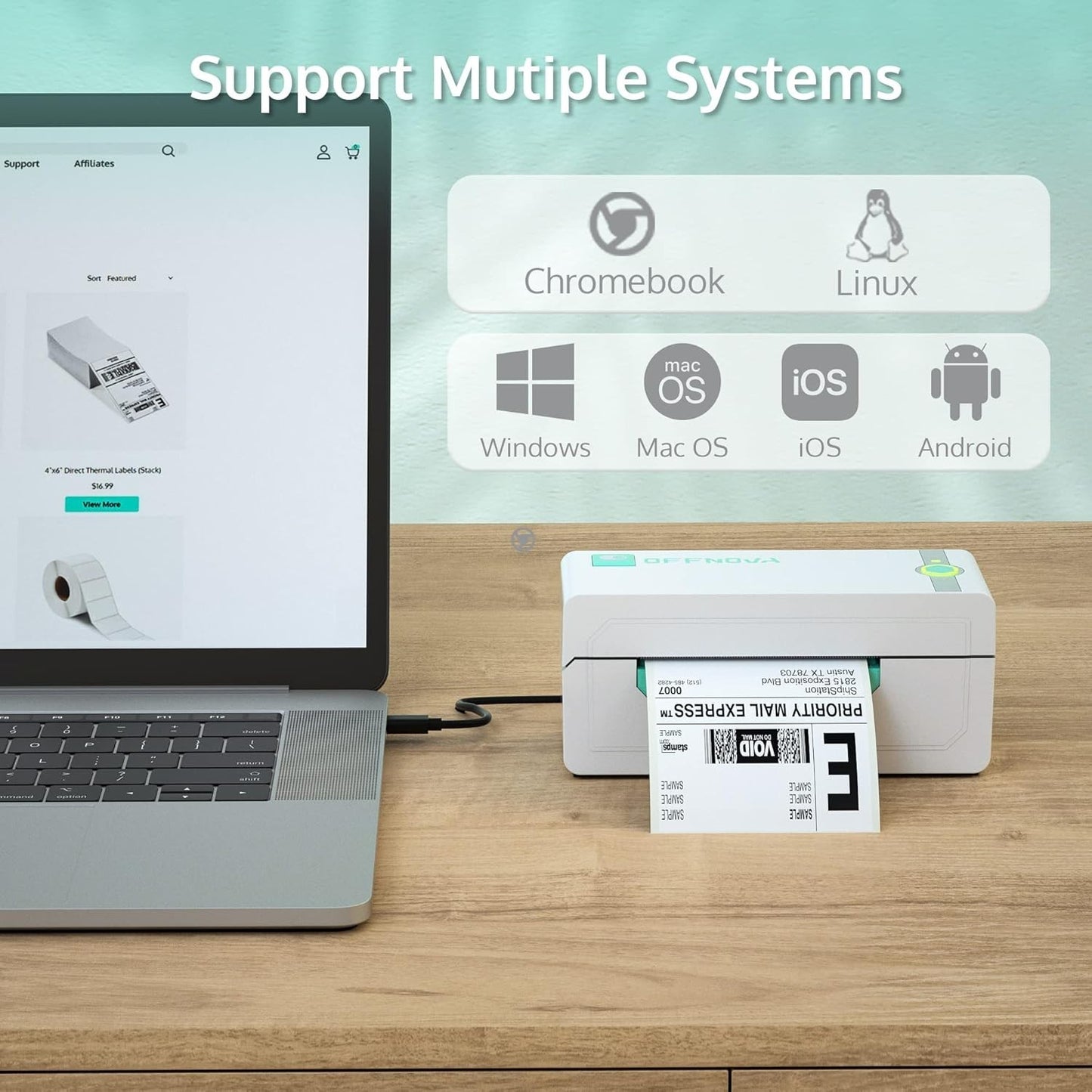 OFFNOVA Bluetooth Label Printer, 4” x 6” Thermal Label Printer for Shipping Pack