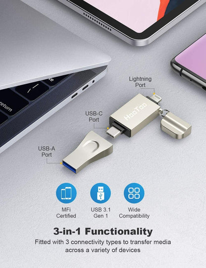 HooToo iPhone Flash Drive 3 in 1 Type C Stick USB 3.1 USB C Flash Drive Memory