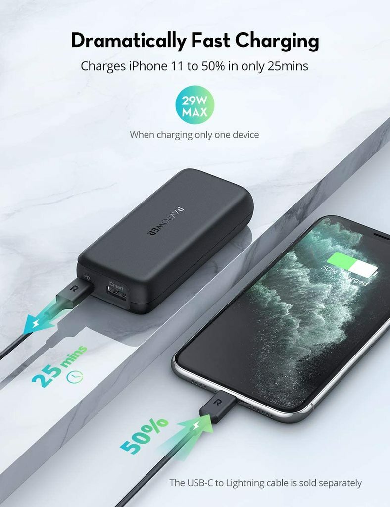 RAVPOWER PD/QC 10000mAh Power Bank 20W USB C Portable Charger for iPhone12 PB186