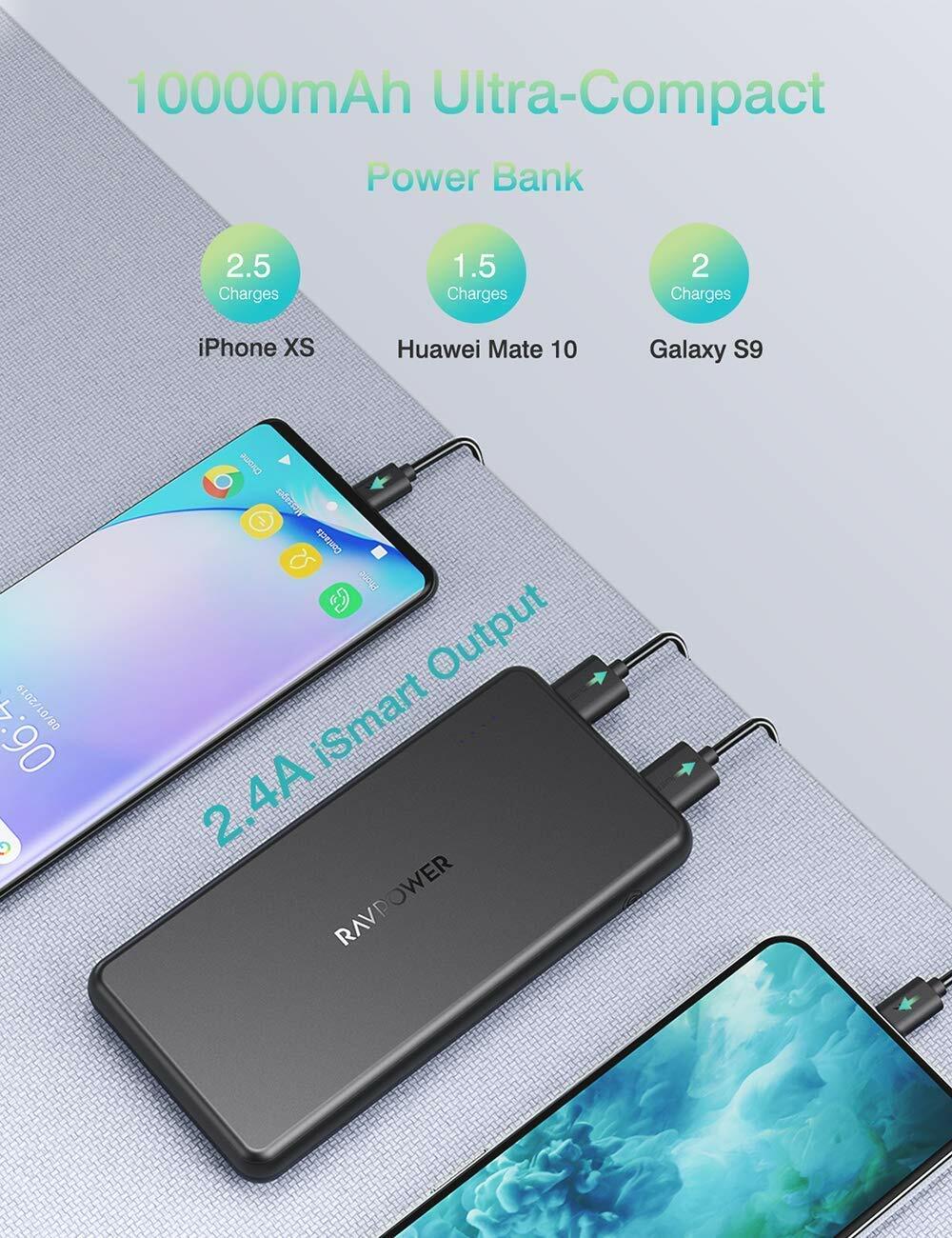 RAVPower 10000mAh Power Bank Ultra Slim External Battery Pack 3.4A iSmart Output