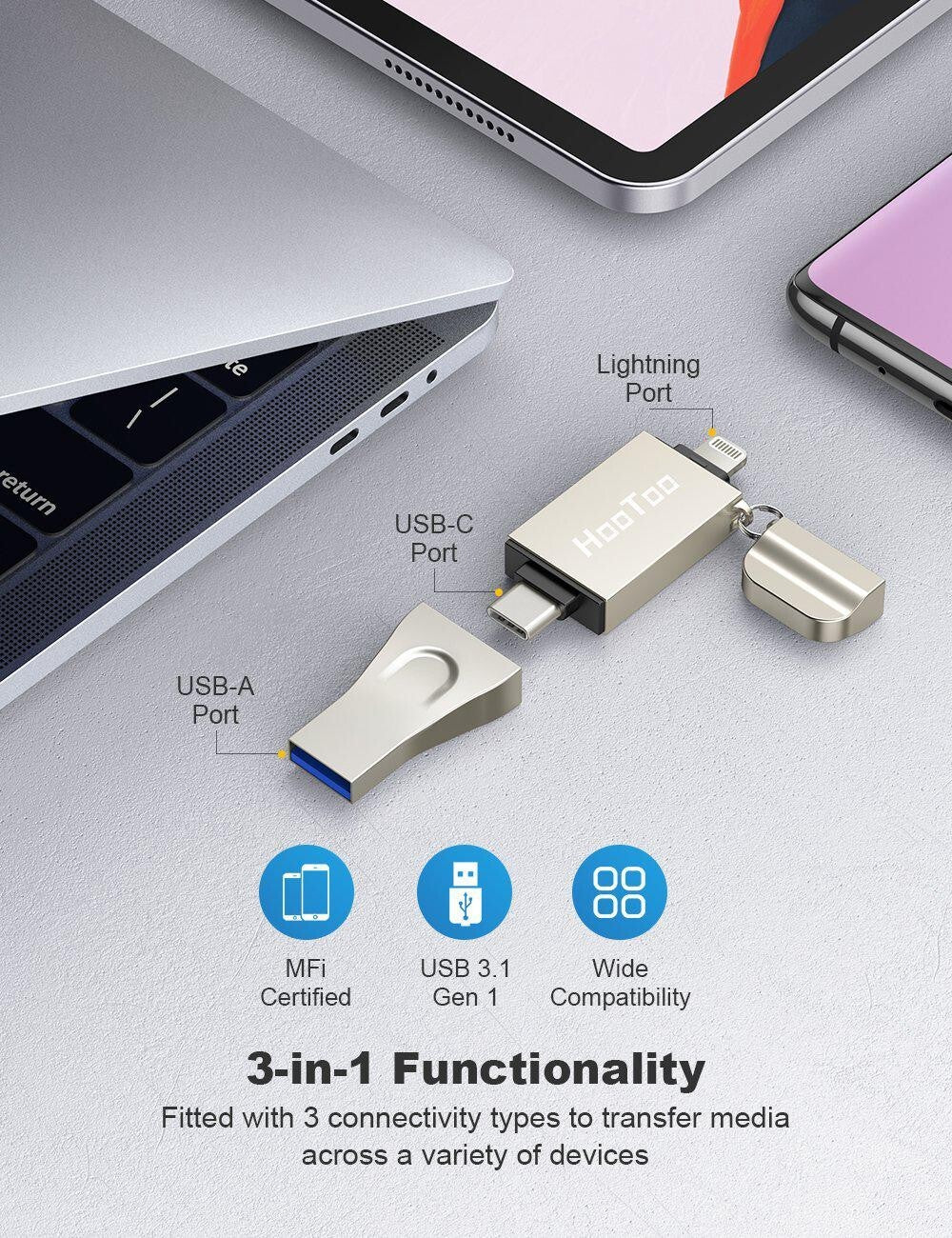 HooToo Flash Drive 3 in 1 External Drive USB 3.1 Memory Backup Stick 128GB
