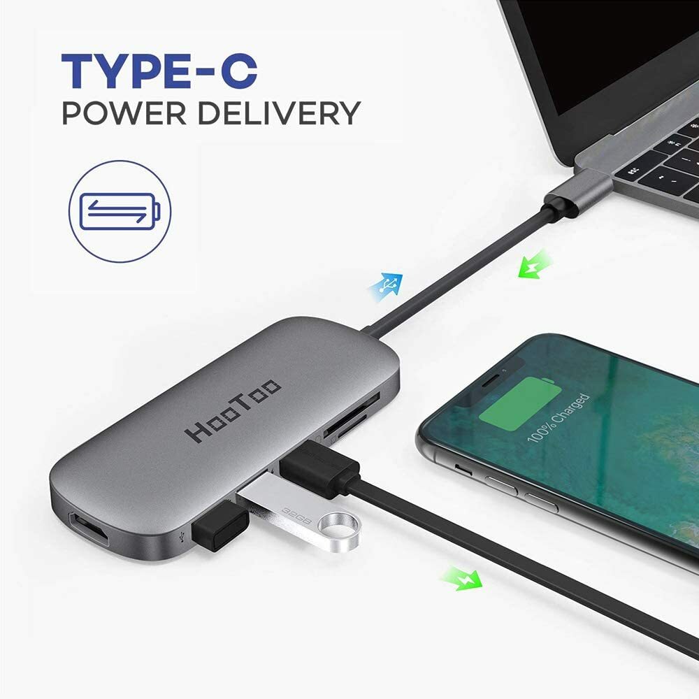 HooToo USB C Hub 7 in 1 USB C to 4K HDMI Adapter 100W PD Charging 3 USB 3.0