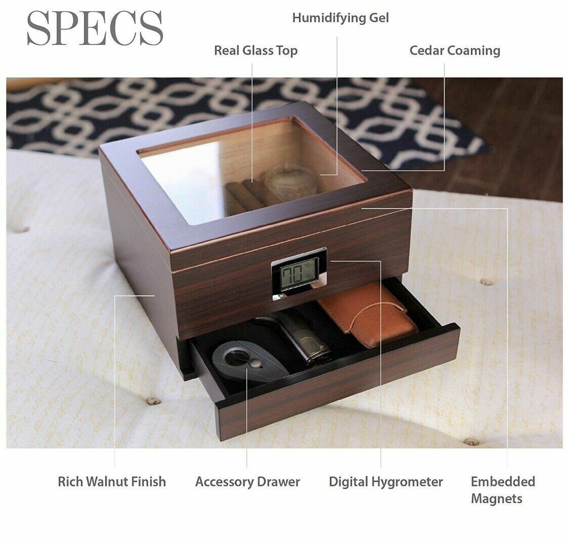 Glass Top Handcrafted Cedar Humidor w/ Storage Drawer