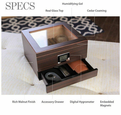 Glass Top Handcrafted Cedar Humidor w/ Storage Drawer