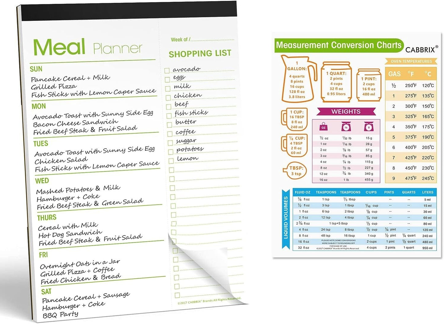 Weekly Meal Planner and Magnetic Kitchen Measurement Conversion Chart 7"X10"