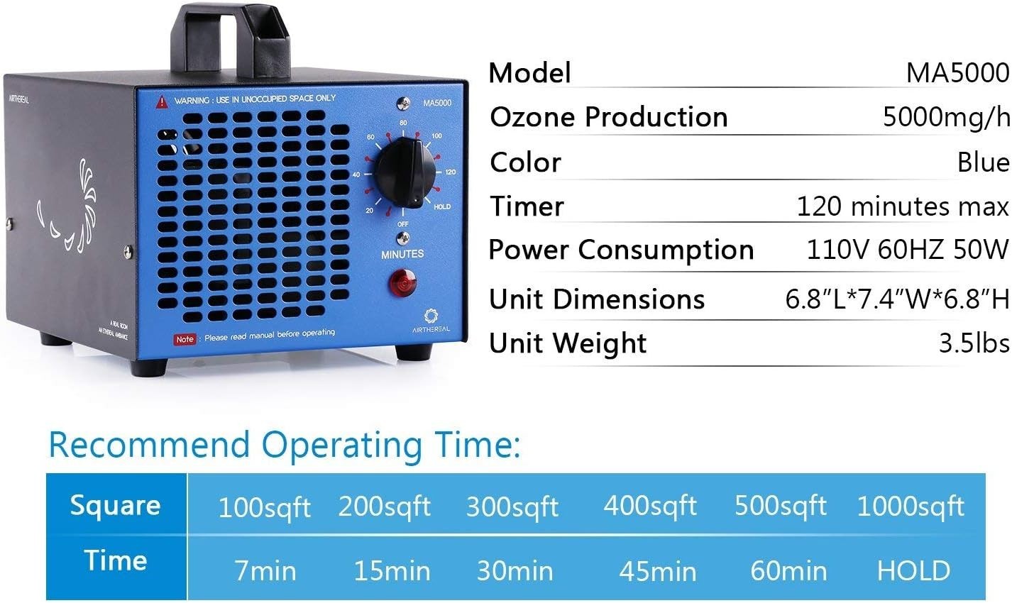 MA5000 Commercial Ozone Generator High Capacity Ozone Machine Odor Removal