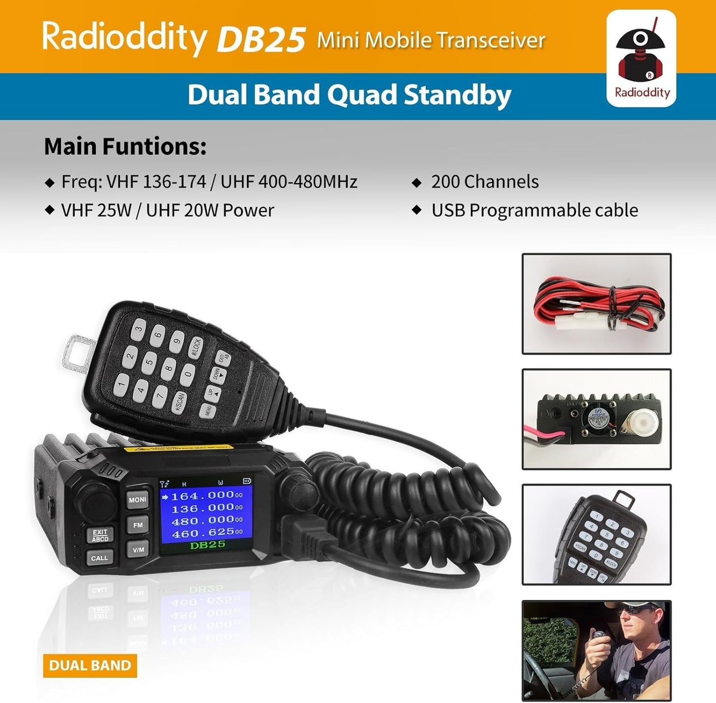 Radioddity DB25 Pro Car Mobile Radio Dual Band V/UHF 25Watt, Quad Band Antenna
