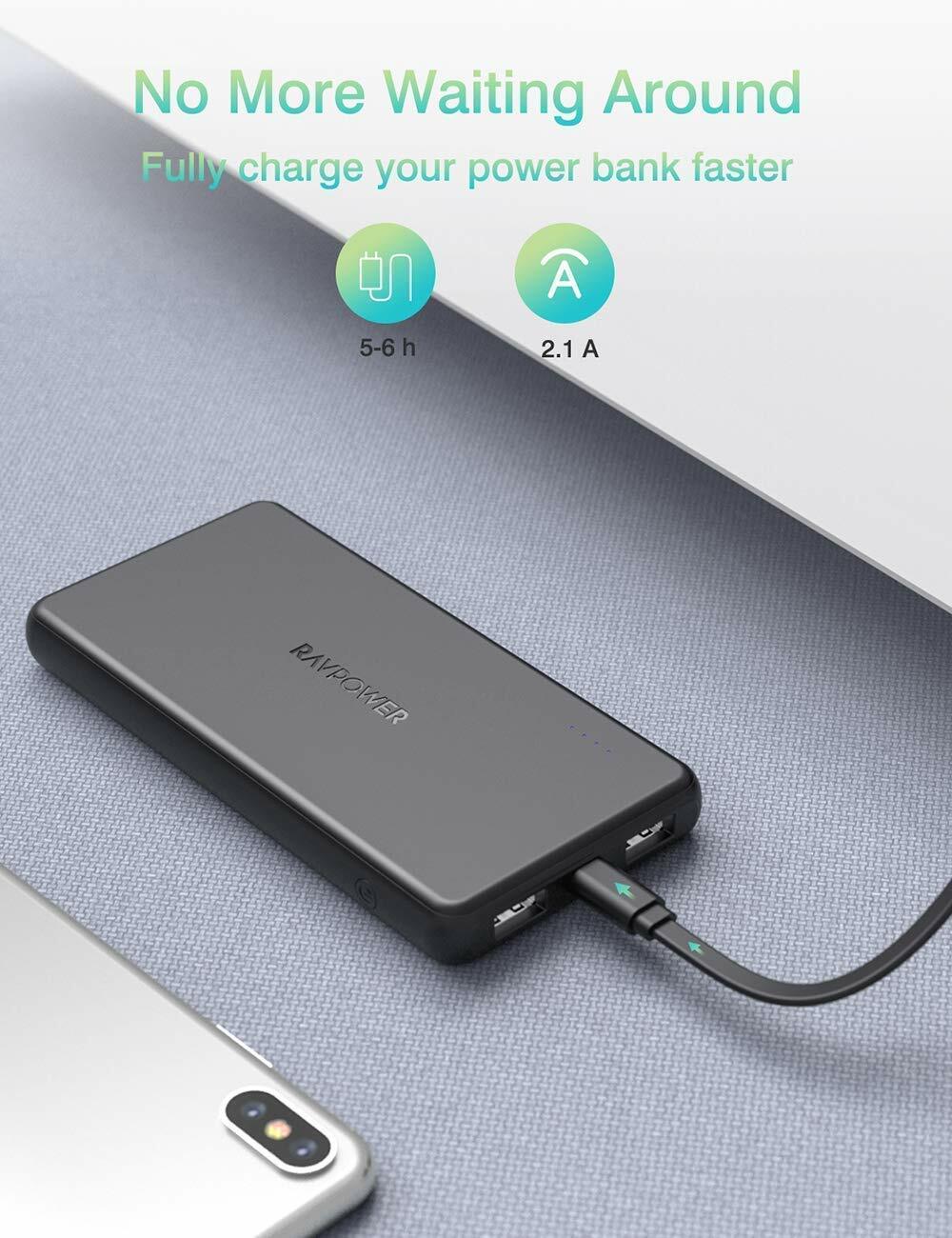 RAVPower 10000mAh Power Bank Ultra Slim External Battery Pack 3.4A iSmart Output