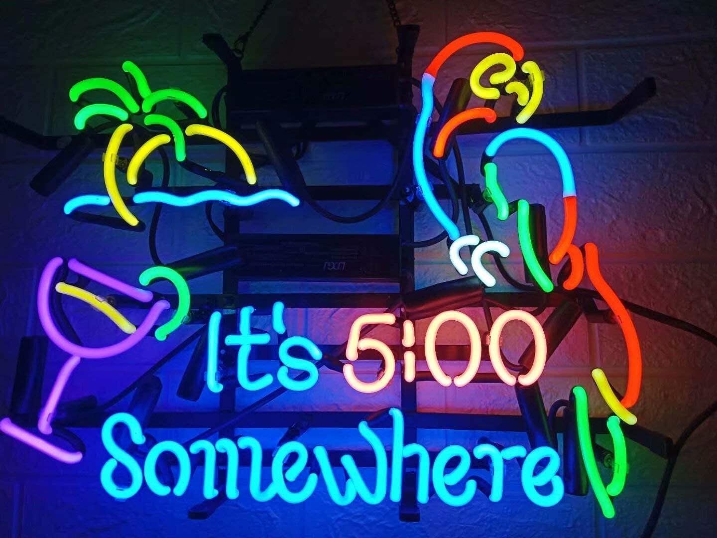 New It's 5 00 Somewhere Parrot Neon Light Sign 17"x13" Wall Decor Palm Tree Beer