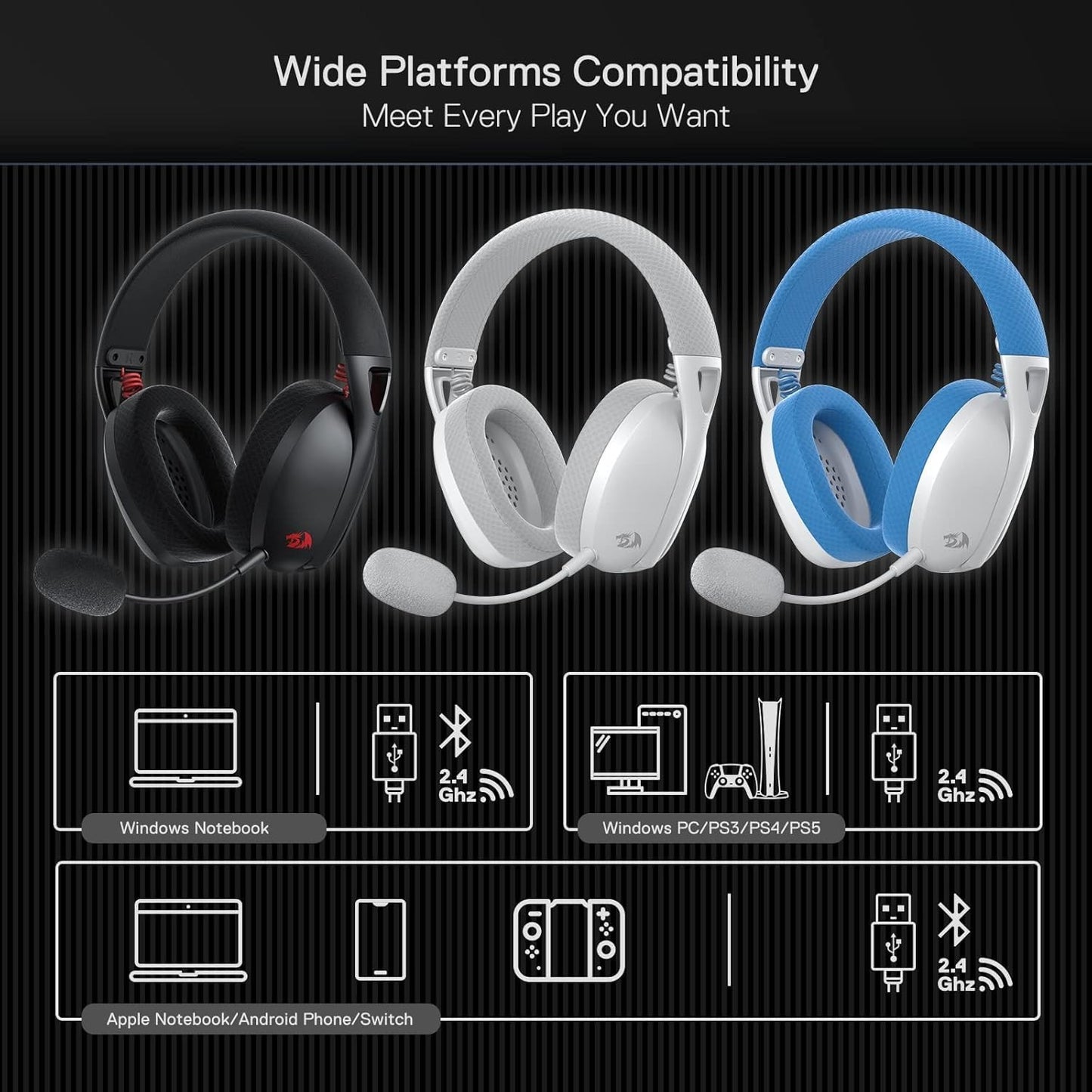 Redragon H848 Wireless Gaming Headset – 2.4 GHz & Bluetooth, 7.1, 40 mm, 178 g