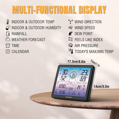 Raddy VP7 5-in-1 Weather Station Wireless for Indoor Outdoor  7.4" Large Digital