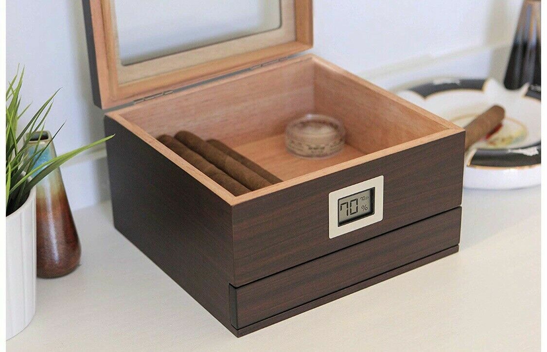 Glass Top Handcrafted Cedar Humidor w/ Storage Drawer
