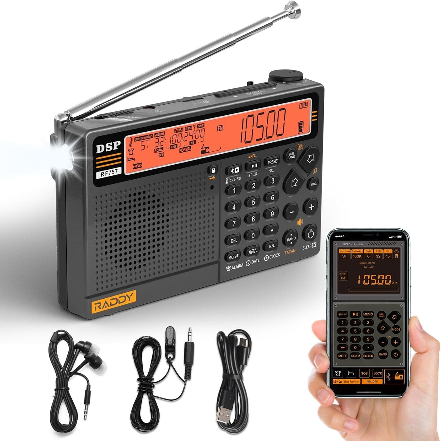 Raddy RF757 APP Control Shortwave Radio Portable Radio with AM/FM/SW/VHF/UHF/CB