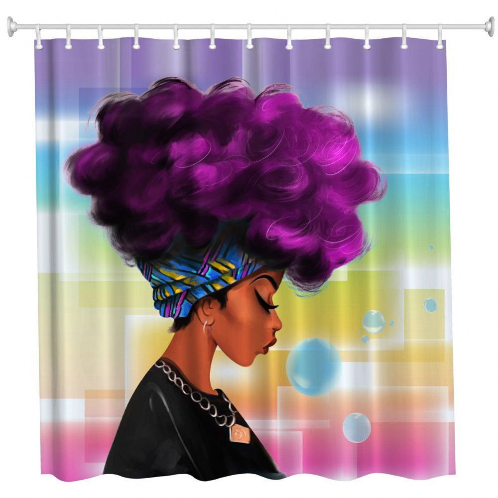 Christmans African Women Black Shower Curtain Girl w/ Purple Hair Afro Hairstyle
