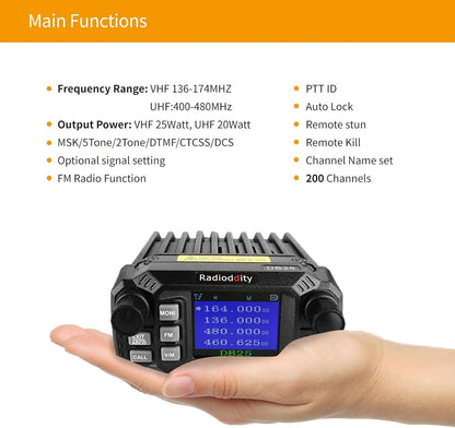 Radioddity DB25 Pro Car Mobile Radio Dual Band V/UHF 25Watt, Quad Band Antenna